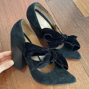 Ulla Johnson Suede Bow Block Heel Pumps Black Leather Velvet Classy Size 36